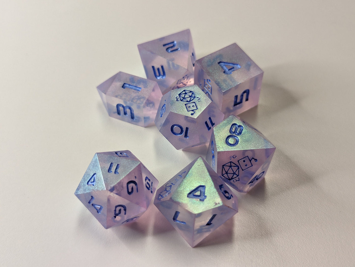 Dice Set Custom - Feywild Pink Color Changing Glitter - Handmade resin dice for D&D and Roleplaying - Set of 7 sharp edge dice