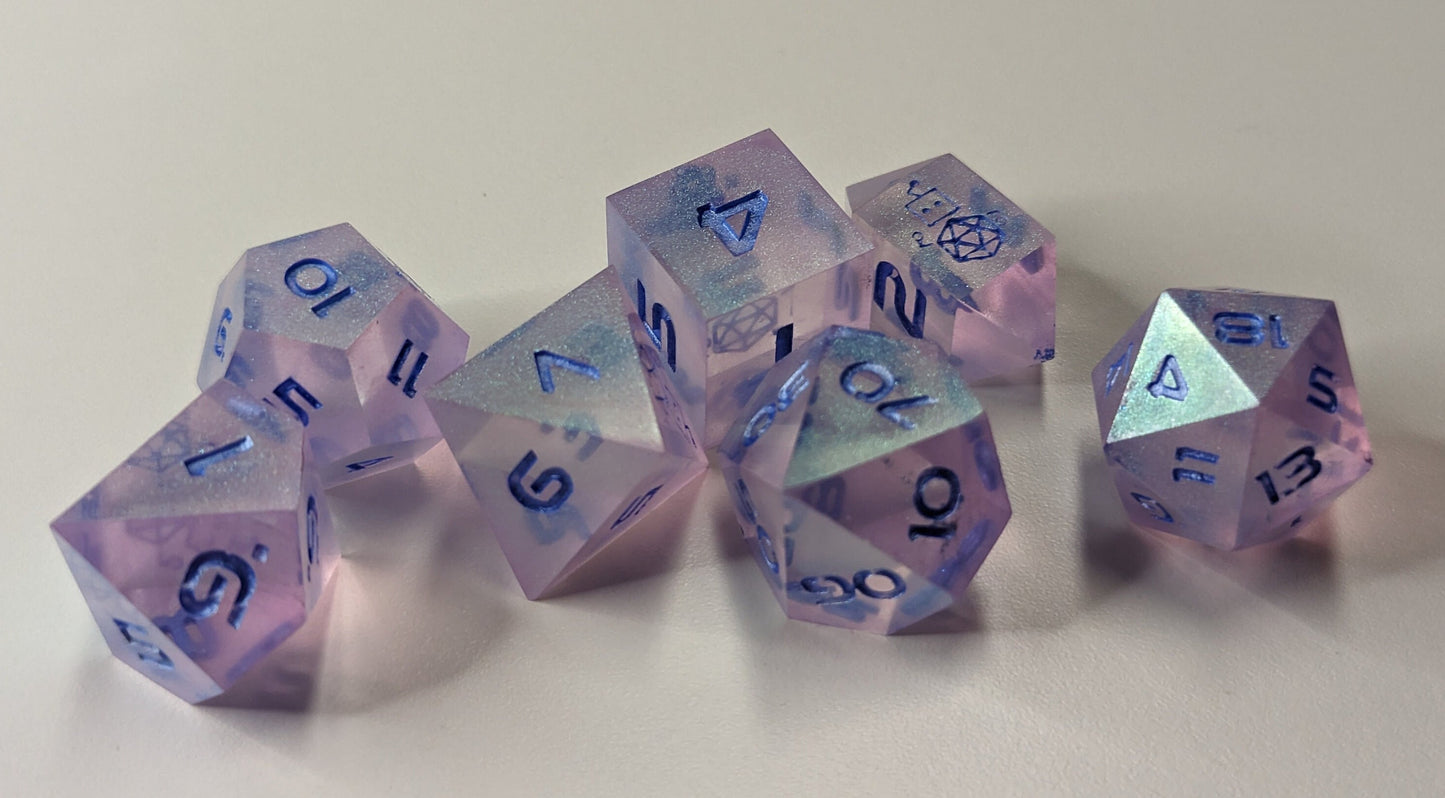 Dice Set Custom - Feywild Pink Color Changing Glitter - Handmade resin dice for D&D and Roleplaying - Set of 7 sharp edge dice
