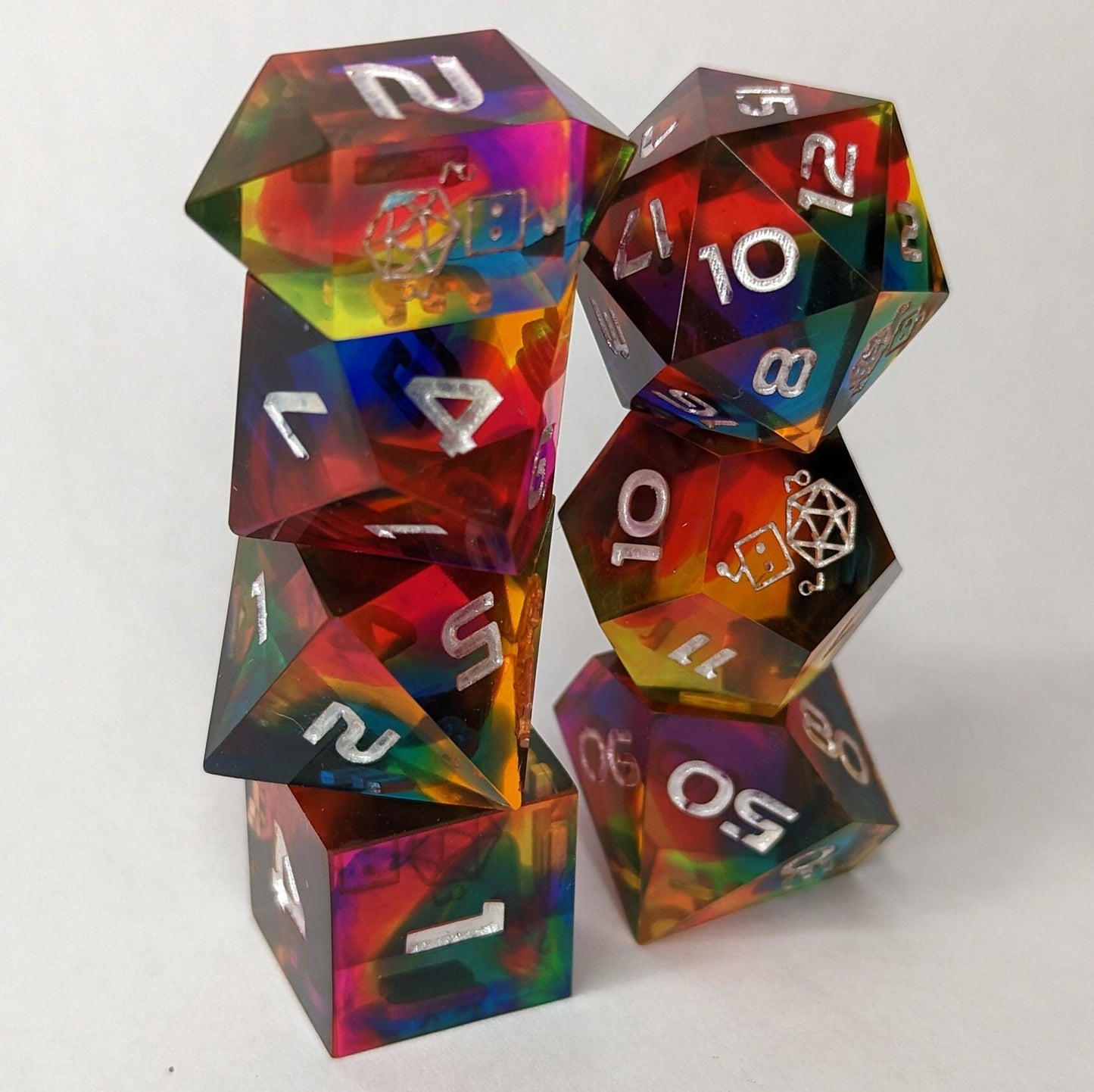 Dice Set Custom - Over the Rainbow Sunset - Handmade resin dice for D&D and Roleplaying - Set of 7 polyhedral sharp edge dice