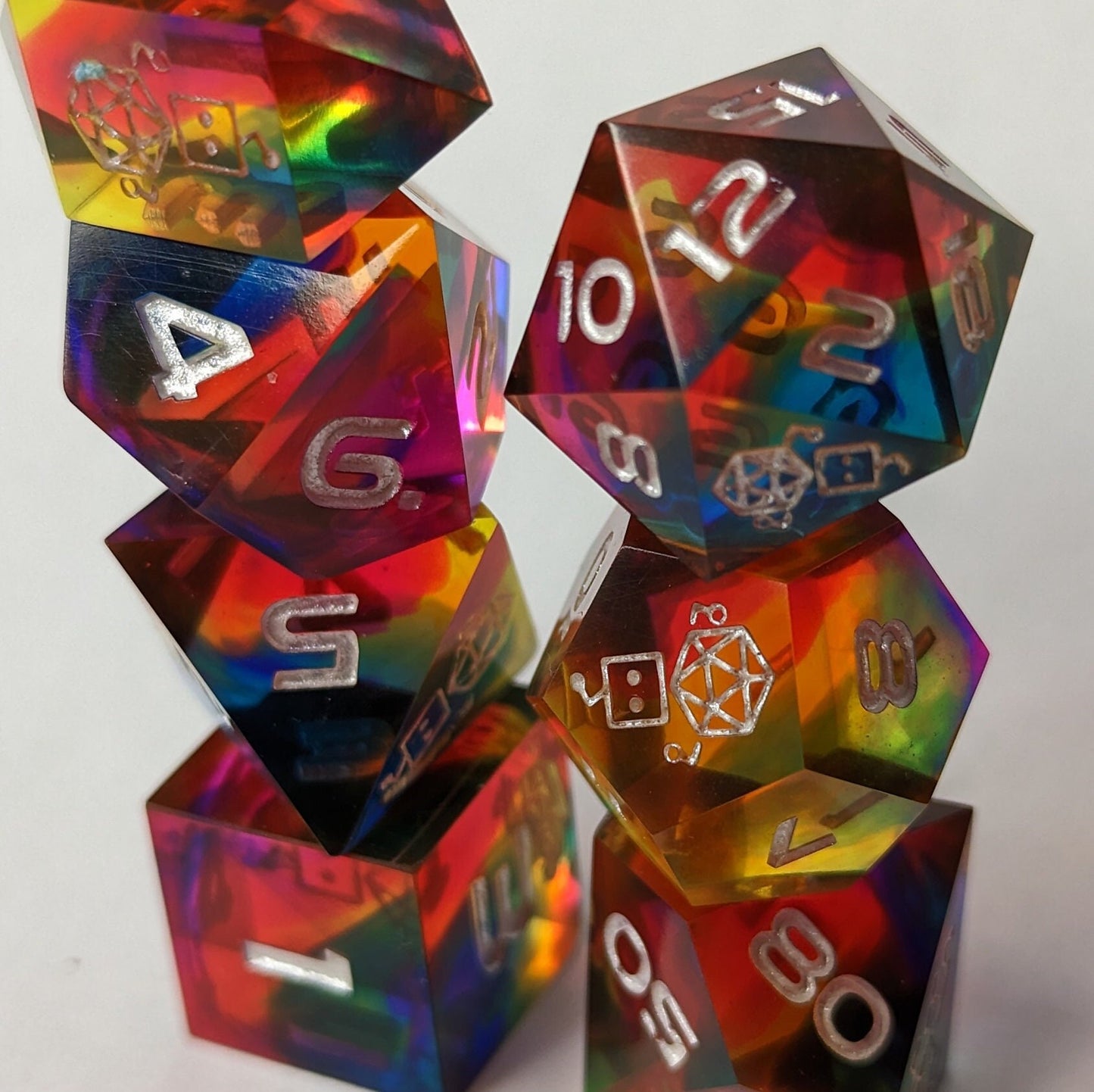 Dice Set Custom - Over the Rainbow Sunset - Handmade resin dice for D&D and Roleplaying - Set of 7 polyhedral sharp edge dice