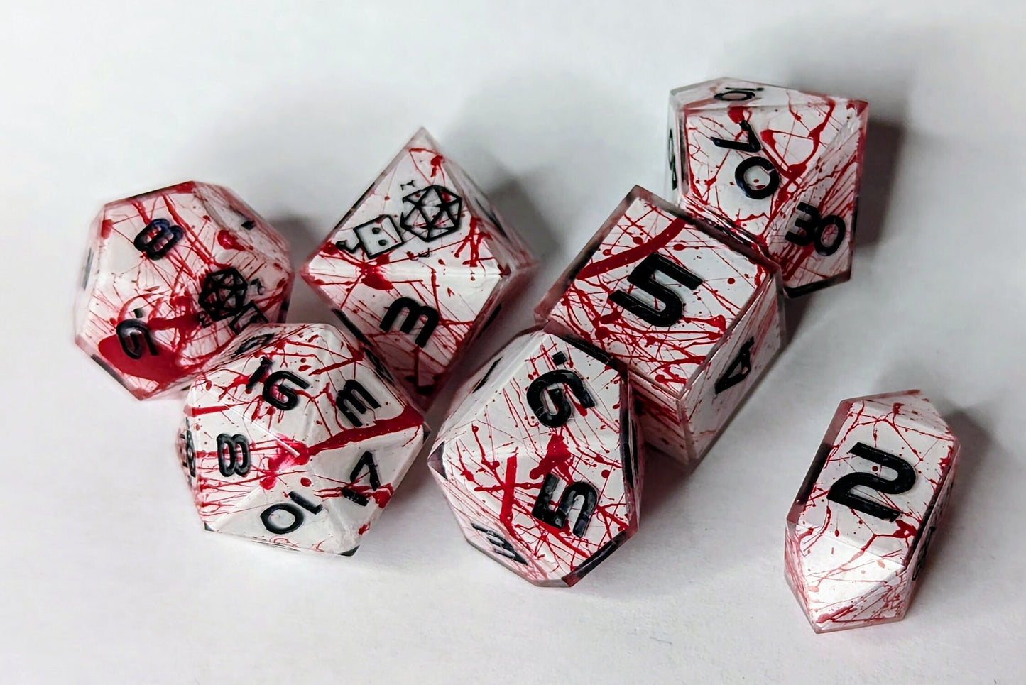 Dice Set Custom - Blood Splatter Shell Insert Dice - Handmade resin dice for D&D and Roleplaying - Set of 7 polyhedral sharp edge dice
