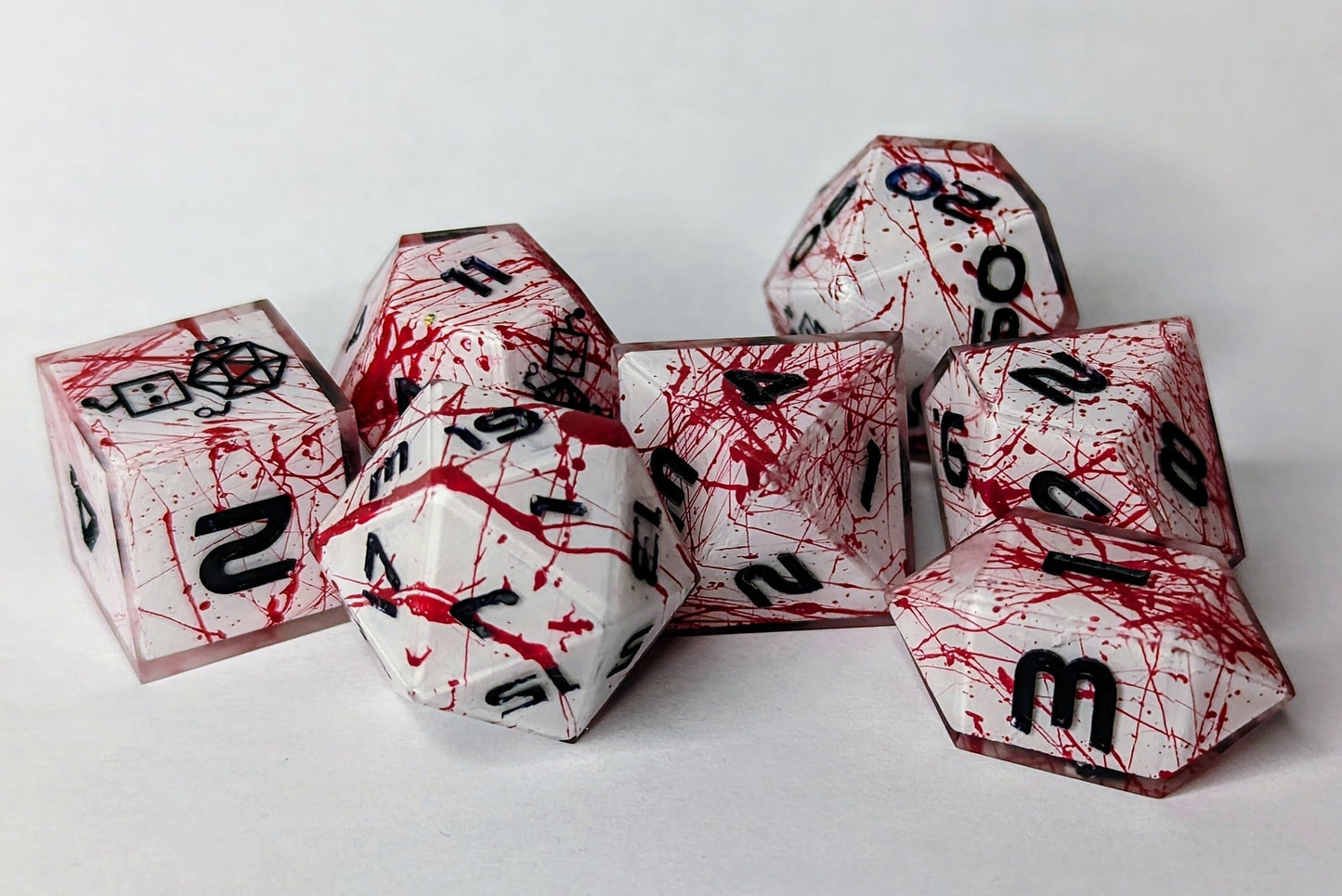 Dice Set Custom - Blood Splatter Shell Insert Dice - Handmade resin dice for D&D and Roleplaying - Set of 7 polyhedral sharp edge dice