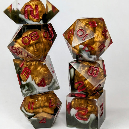 Dice Set Custom - Exalted Orb Path of  Exile - Handmade resin dice for D&D and Roleplaying - Set of 7 polyhedral sharp edge dice