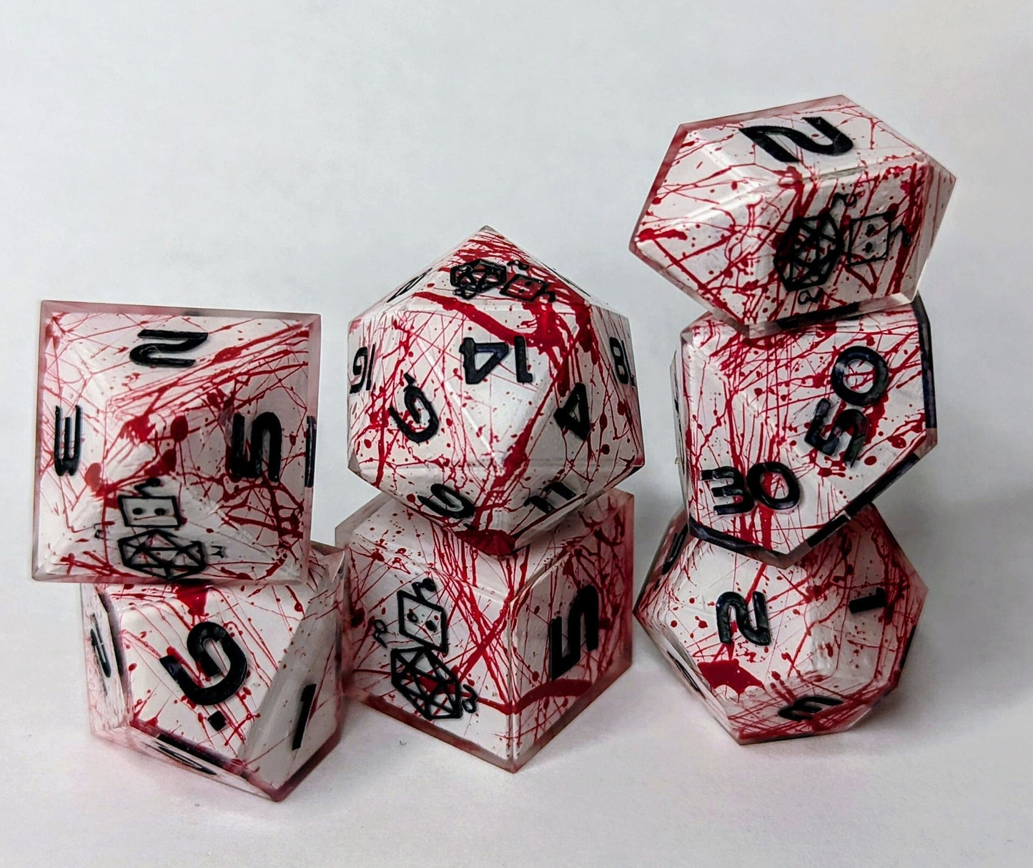 Dice Set Custom - Blood Splatter Shell Insert Dice - Handmade resin dice for D&D and Roleplaying - Set of 7 polyhedral sharp edge dice
