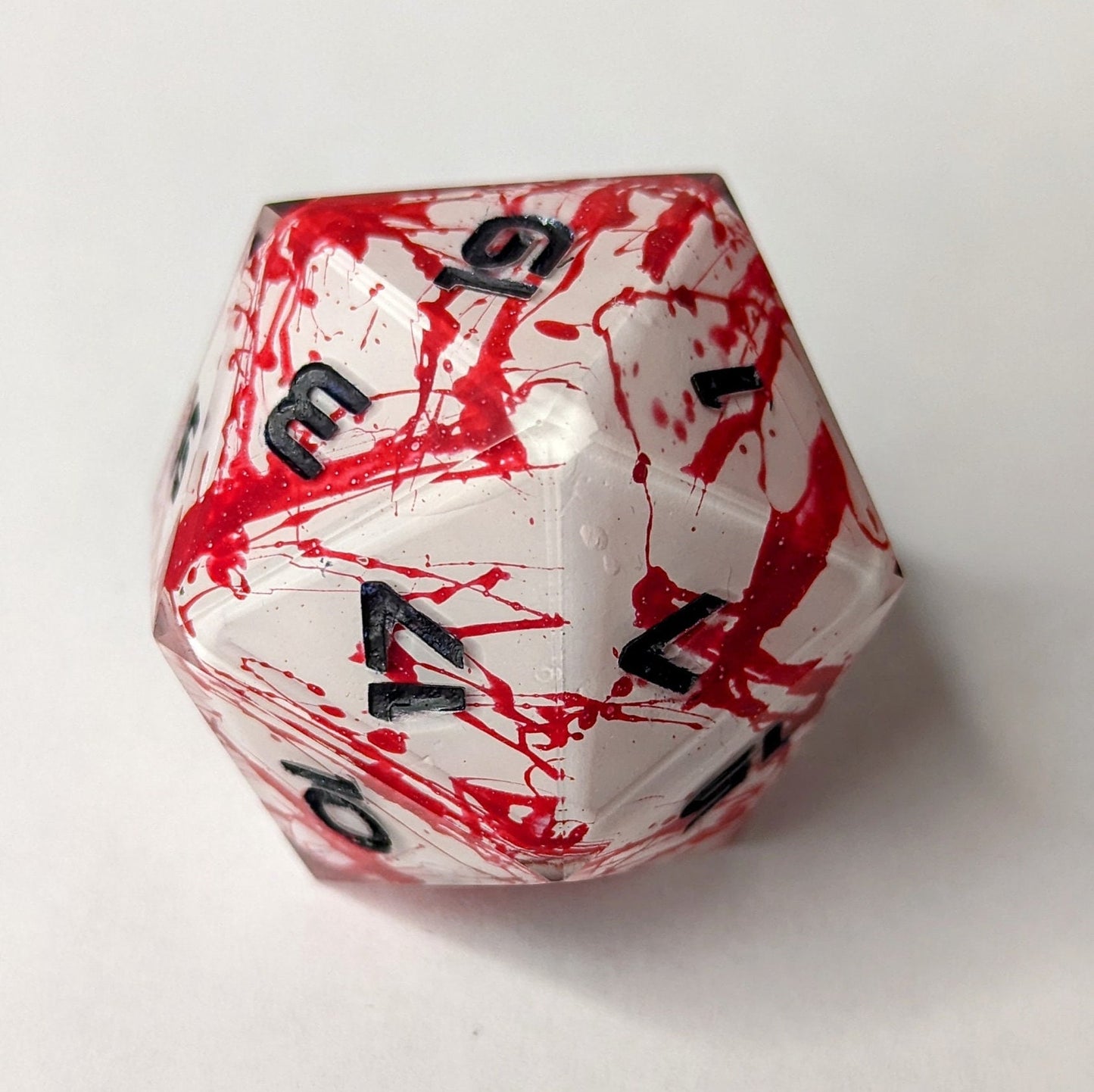 Jumbo D20 Custom Dice - Blood Splatter Shell Insert Dice - Handmade resin dice for D&D and Roleplaying - Chonk D20 Sharp Edge Die