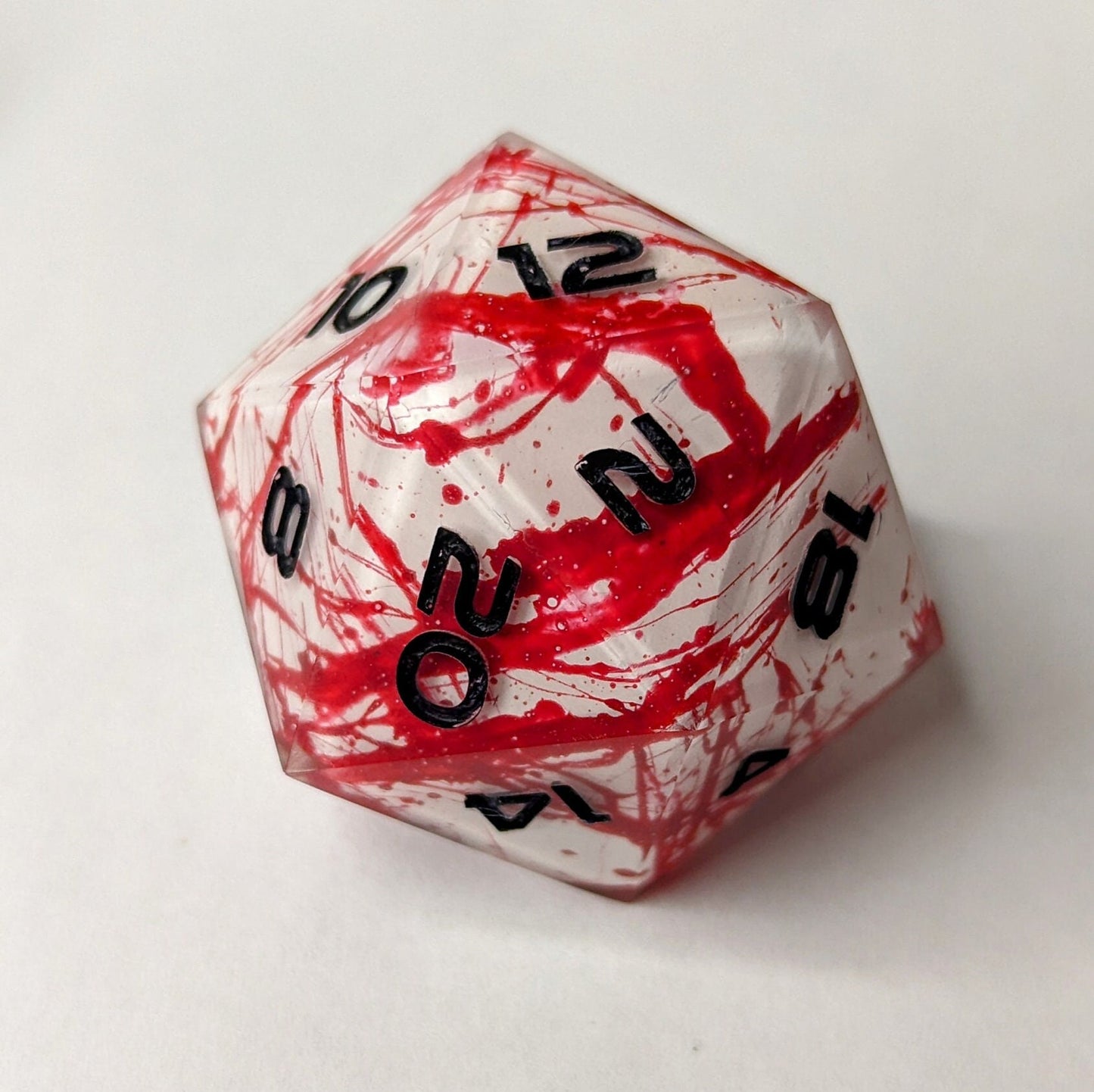 Jumbo D20 Custom Dice - Blood Splatter Shell Insert Dice - Handmade resin dice for D&D and Roleplaying - Chonk D20 Sharp Edge Die