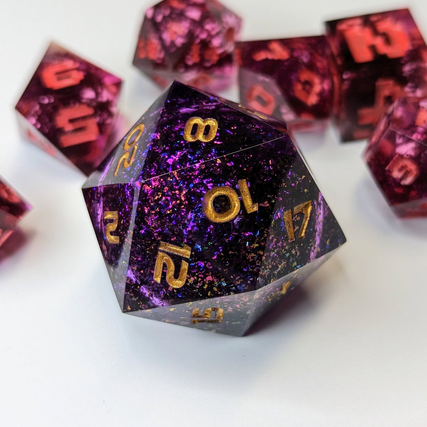 Jumbo D20 Custom Dice - Purple Liquid Core - Handmade resin dice for D&D and Roleplaying - Chonk D20 Sharp Edge Die