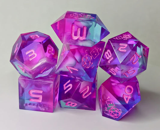 Dice Set Custom - Neon Sound of Silence Dice - Handmade resin dice for D&D and Roleplaying - Set of 7 polyhedral sharp edge dice