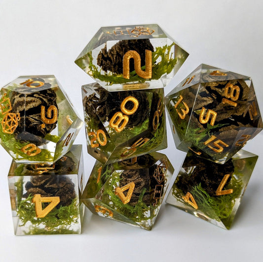 Dice Set Custom - Forest Ranger Dice Set - Handmade resin dice for D&D and Roleplaying - Set of 7 polyhedral sharp edge dice