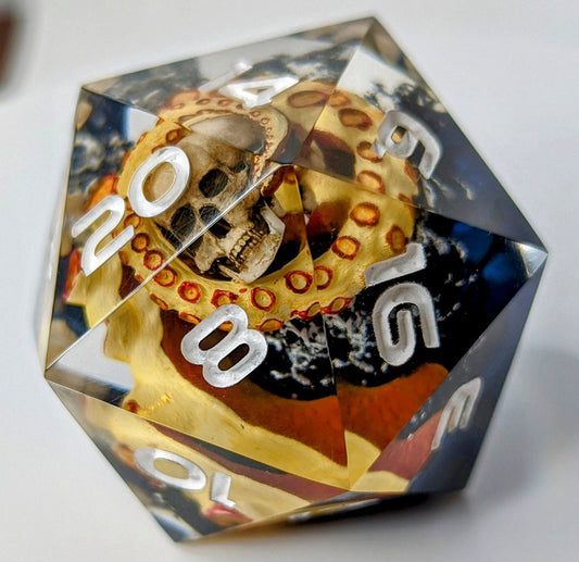 Jumbo D20 Custom Dice - Kraken Tentacle Skull - Handmade resin dice for D&D and Roleplaying - Chonk D20 Sharp Edge Die