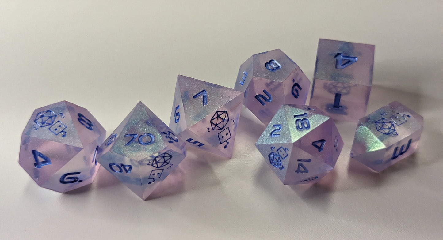 Dice Set Custom - Feywild Pink Color Changing Glitter - Handmade resin dice for D&D and Roleplaying - Set of 7 sharp edge dice