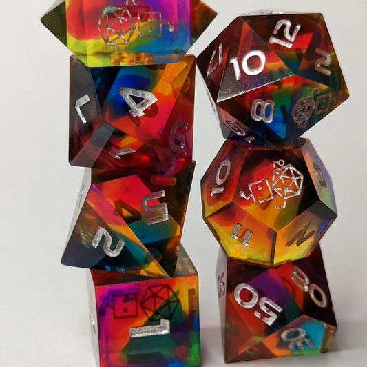 Dice Set Custom - Over the Rainbow Sunset - Handmade resin dice for D&D and Roleplaying - Set of 7 polyhedral sharp edge dice