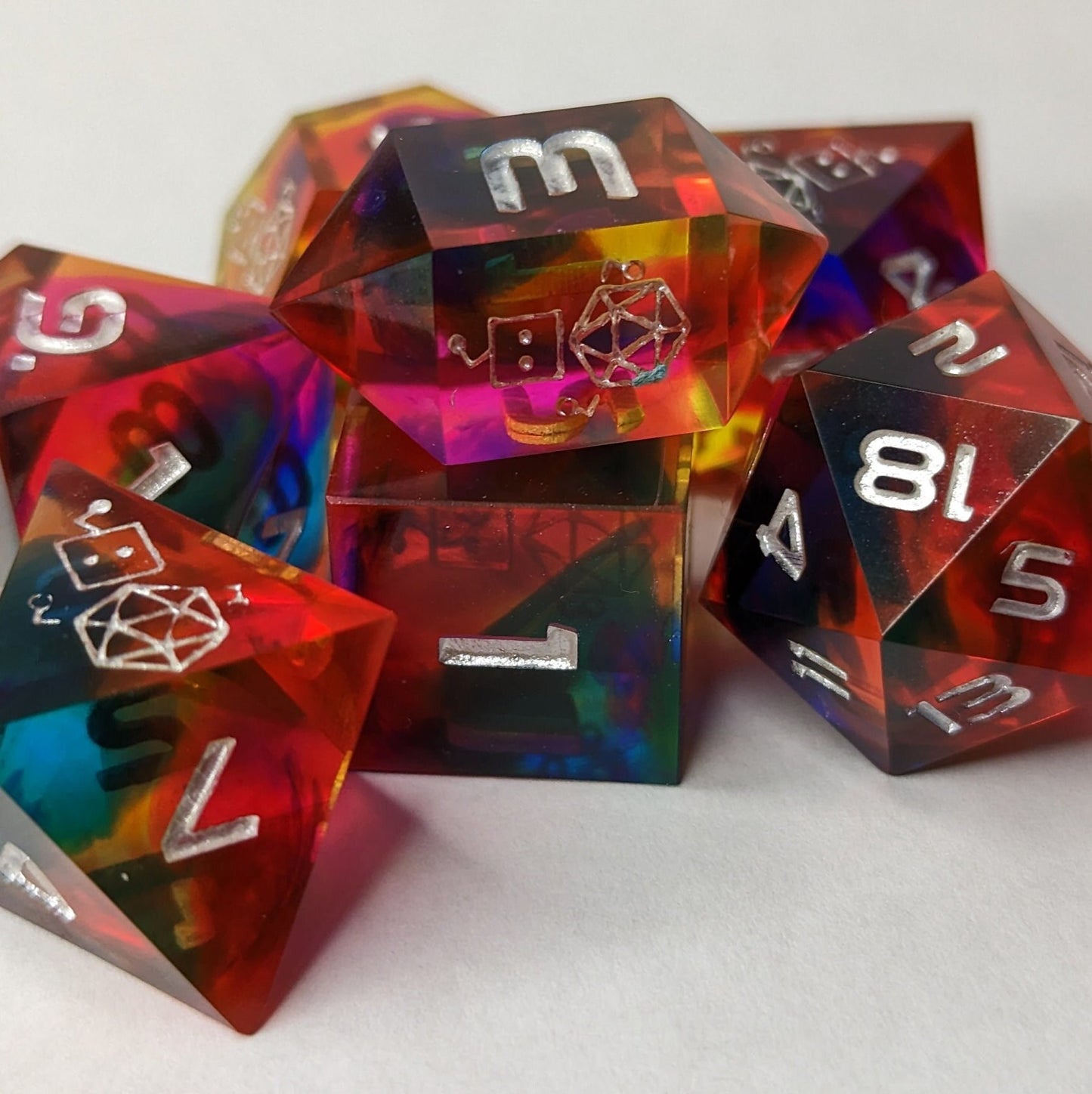 Dice Set Custom - Over the Rainbow Sunset - Handmade resin dice for D&D and Roleplaying - Set of 7 polyhedral sharp edge dice