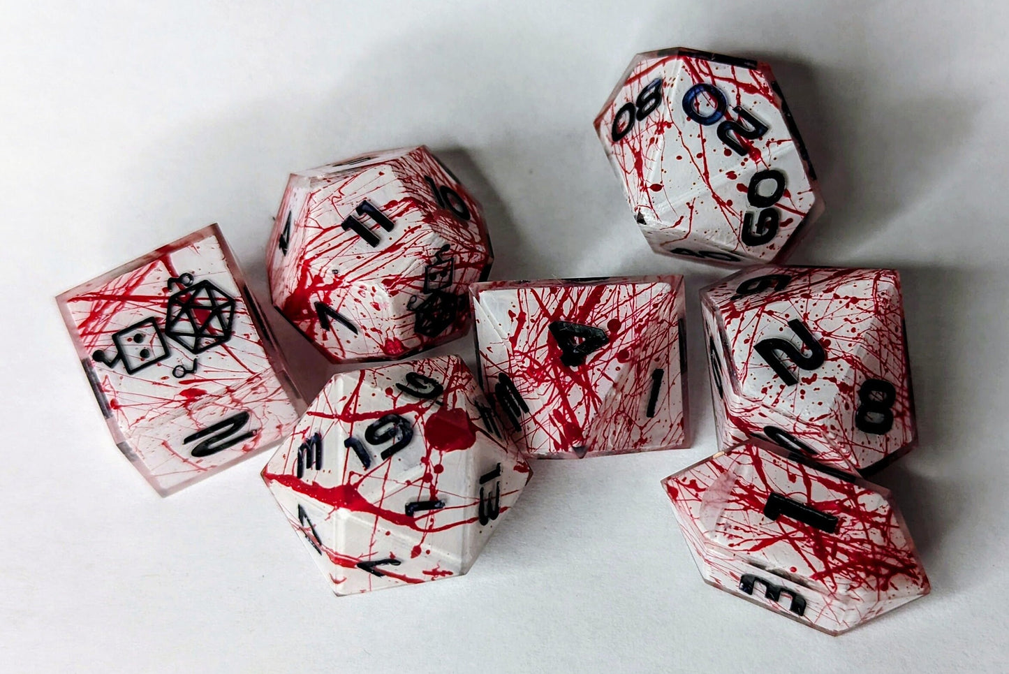 Dice Set Custom - Blood Splatter Shell Insert Dice - Handmade resin dice for D&D and Roleplaying - Set of 7 polyhedral sharp edge dice