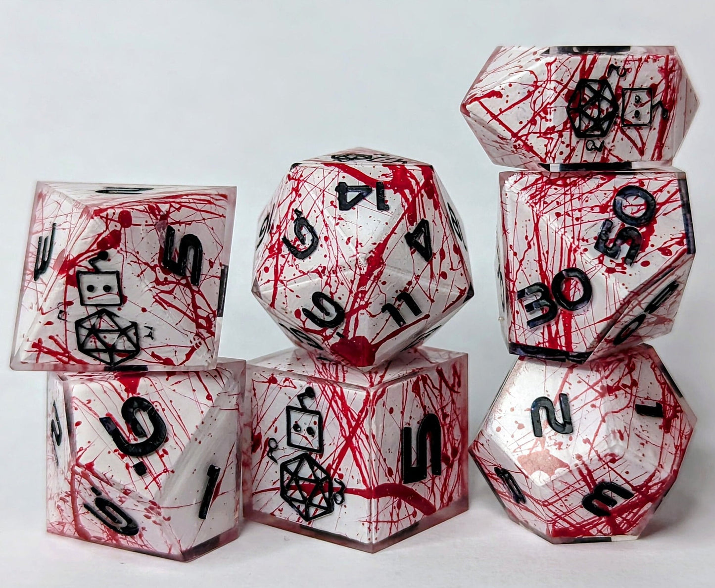 Dice Set Custom - Blood Splatter Shell Insert Dice - Handmade resin dice for D&D and Roleplaying - Set of 7 polyhedral sharp edge dice