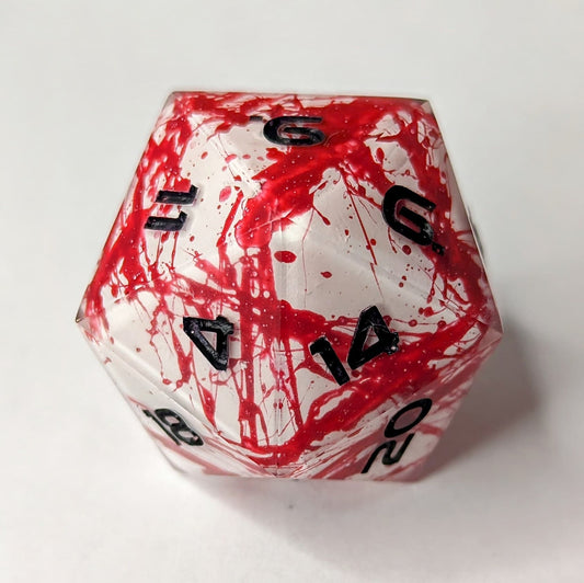 Jumbo D20 Custom Dice - Blood Splatter Shell Insert Dice - Handmade resin dice for D&D and Roleplaying - Chonk D20 Sharp Edge Die