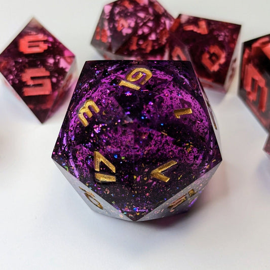 Jumbo D20 Custom Dice - Purple Liquid Core - Handmade resin dice for D&D and Roleplaying - Chonk D20 Sharp Edge Die