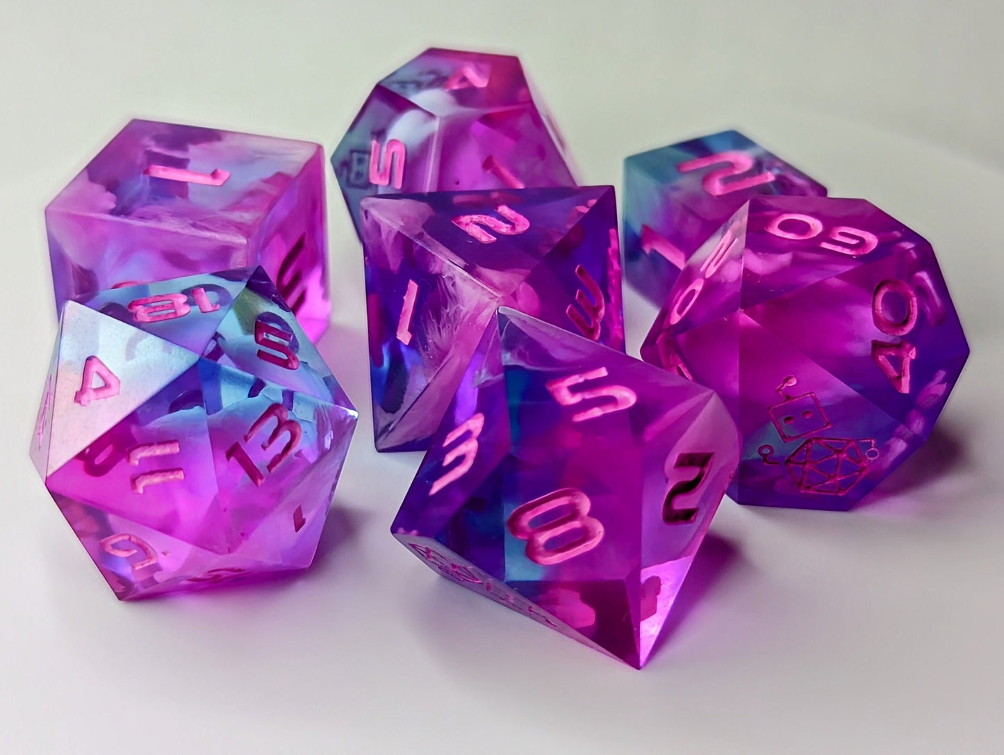 Dice Set Custom - Neon Sound of Silence Dice - Handmade resin dice for D&D and Roleplaying - Set of 7 polyhedral sharp edge dice